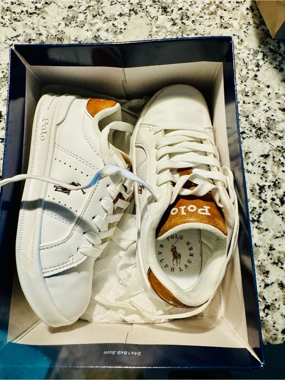 Ralph Lauren White Sneakers with Brown Suede Heel Kids Polo Shoes